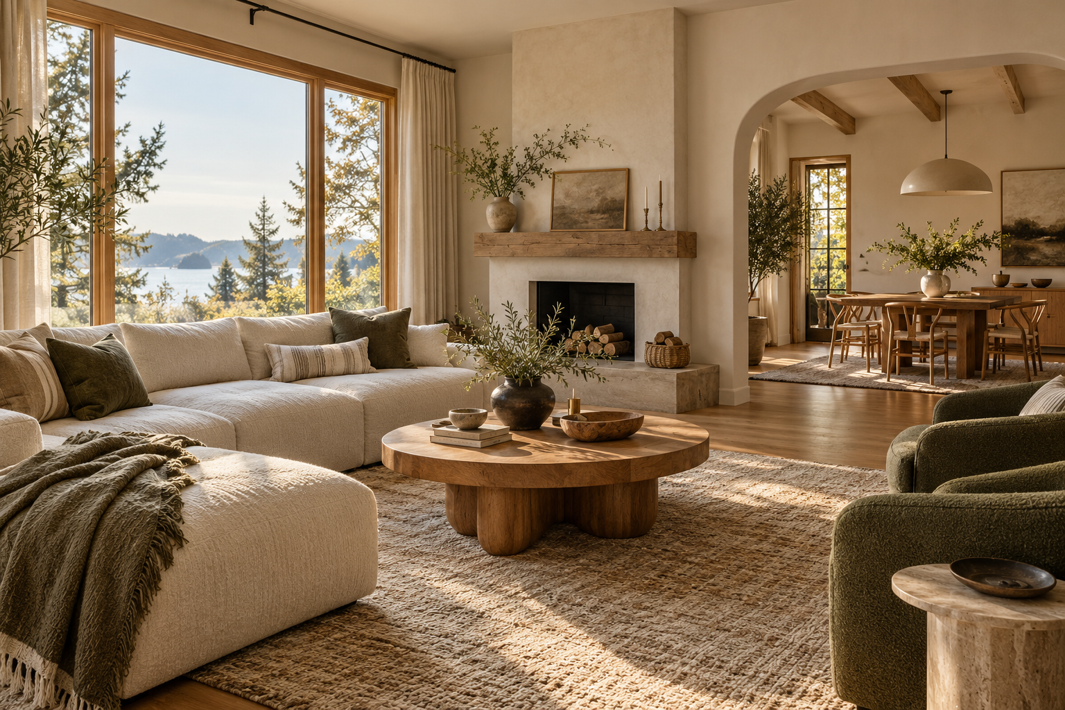 Concept image of a relaxed living room with oak floors, soft neutral furnishings, and natural light